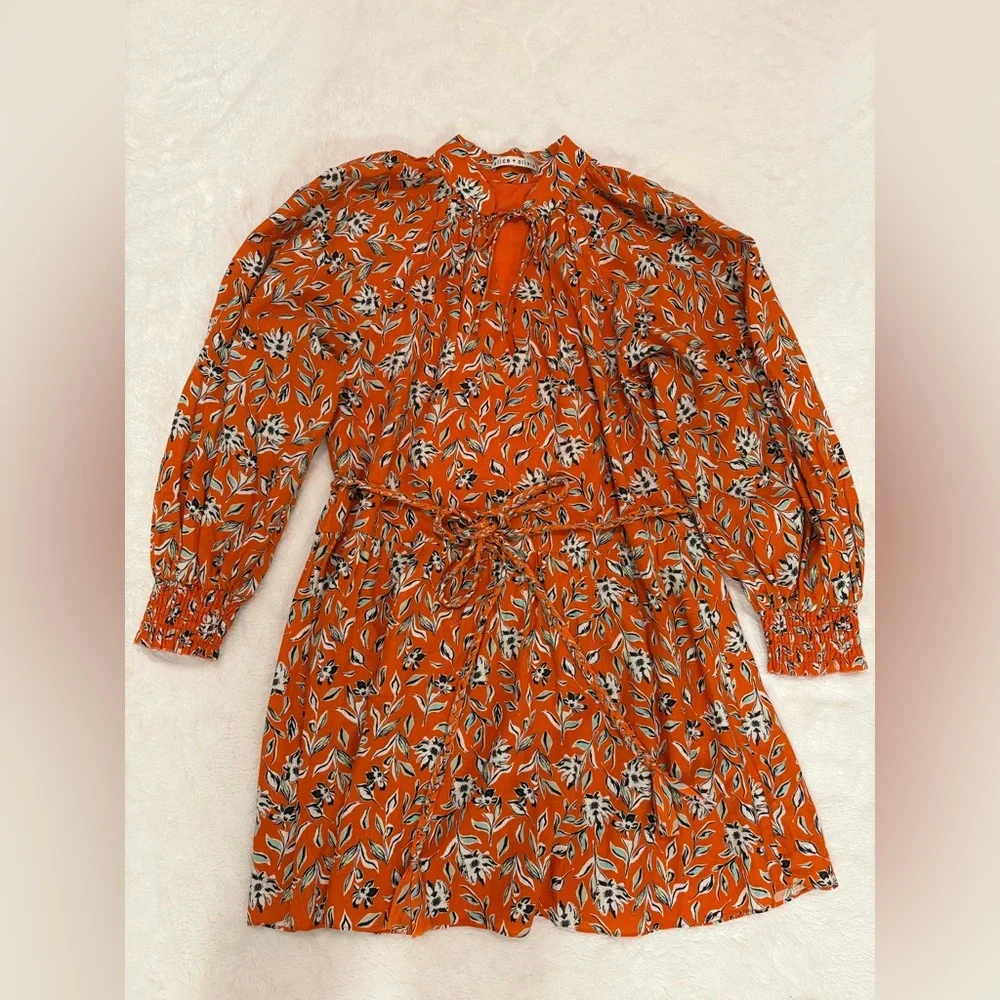 Alice + Olivia Lilian Belted Floral Print Linen-Blend Gauze Mini Dress Size 0 - Picture 8 of 12